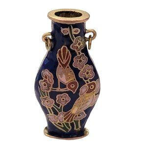 Vintage Blue Enamel Brass Vase, Birds Charm, Pendant E560